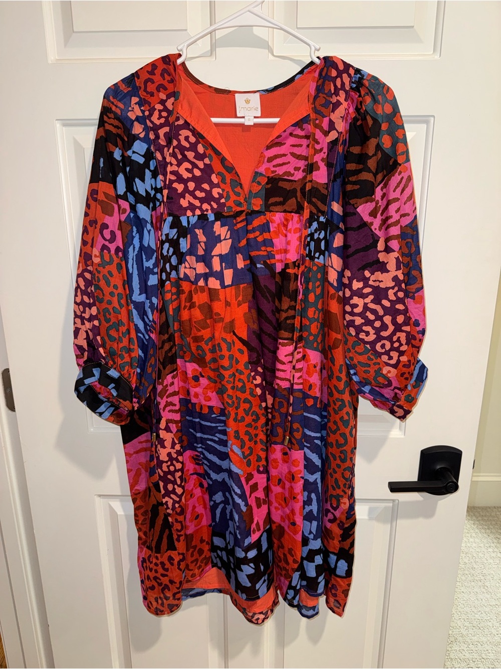 New Bold Leopard Mixed-Print Long Sleeve Dress - Red/Pink/Blue Small